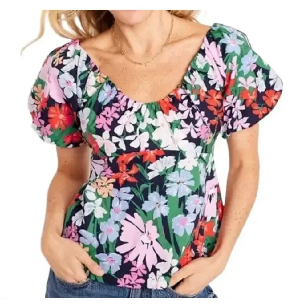 Old Navy Puff-Sleeve Smocked Swing Blouse Size XL Blue Floral Cottagecore NWT